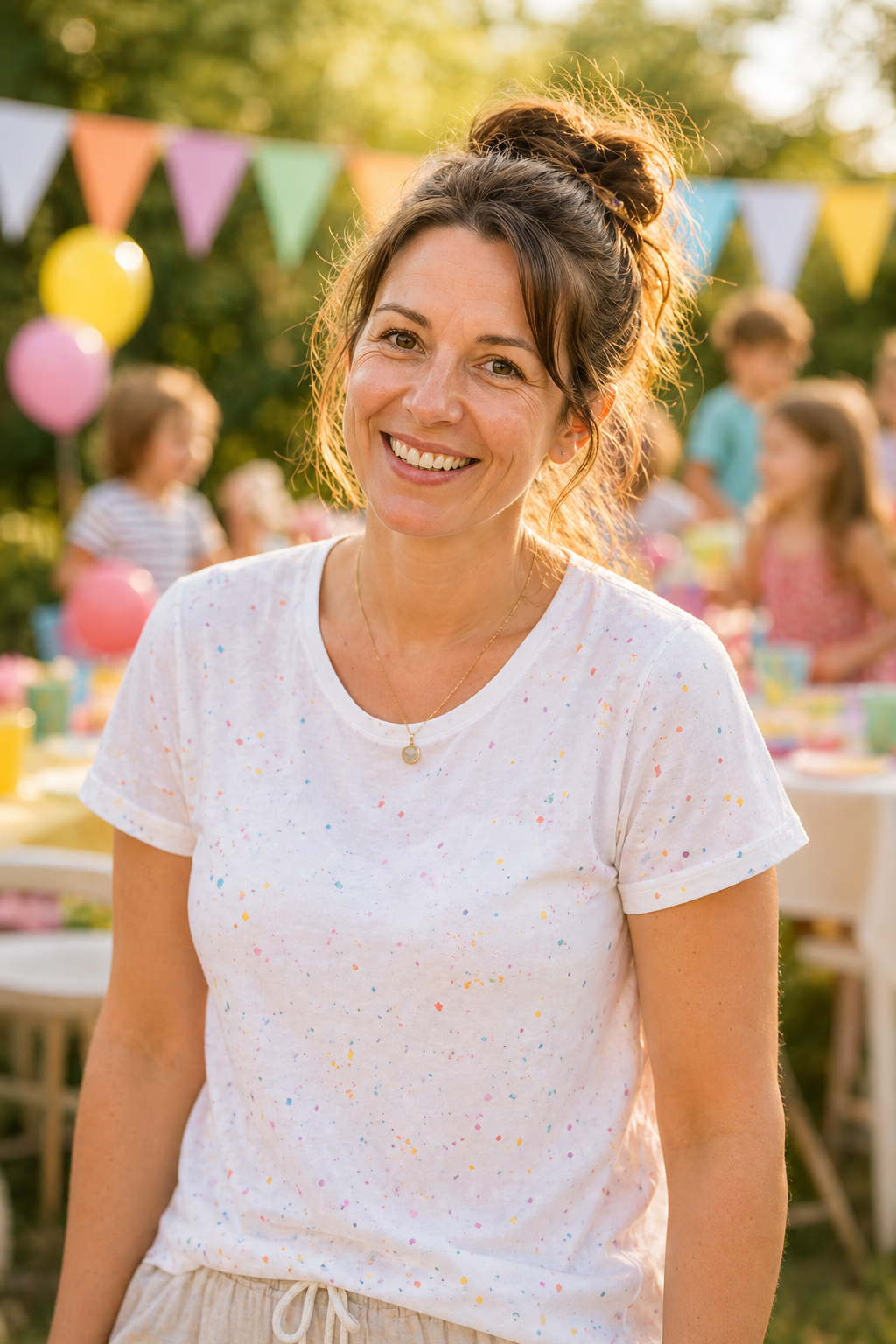 Sandra lächelt bei einer Kinderparty im Garten
